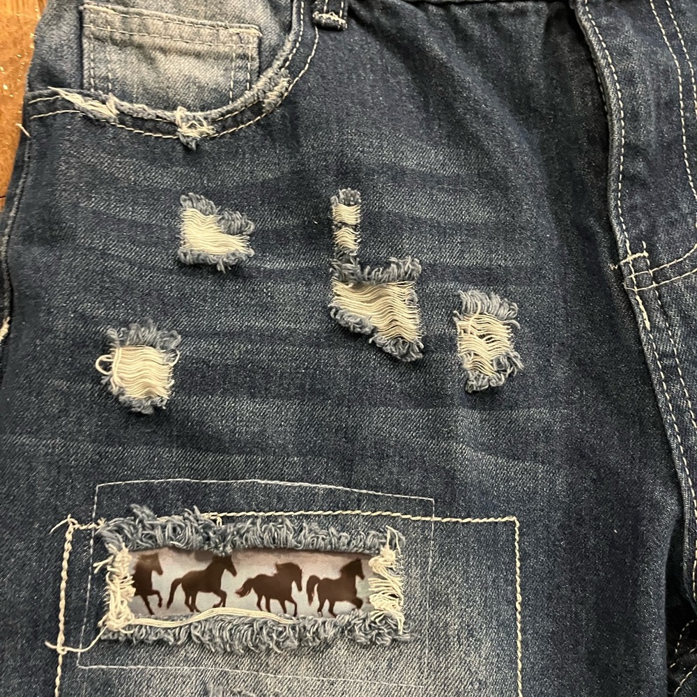 Distressed Unique Patchwork Bootcut Western Jeans… - image 6